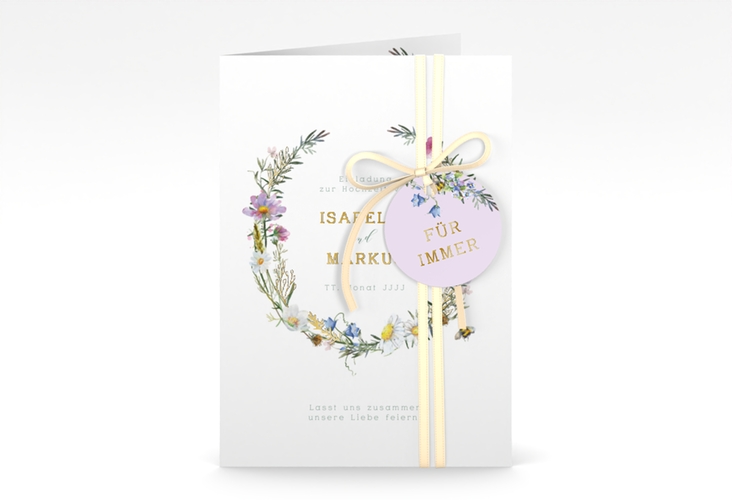 Einladungskarte Hochzeit Blumengarten A6 Klappkarte hoch bunt gold mit Blumenkranz und Hummel