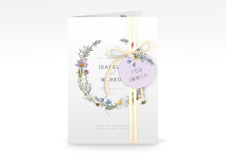 Einladungskarte Hochzeit Blumengarten A6 Klappkarte hoch bunt silber mit Blumenkranz und Hummel