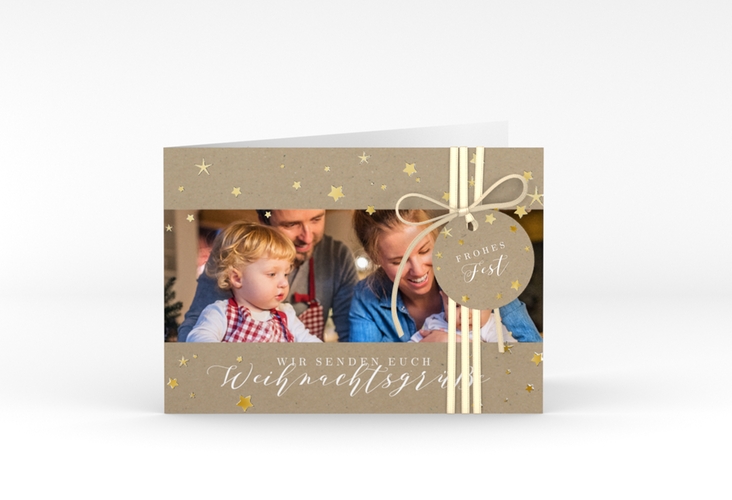 Weihnachtskarte Sternennacht A6 Klappkarte quer gold mit Sternchen und Familienfoto