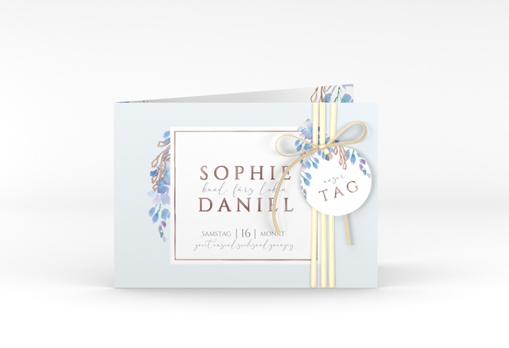 Hochzeiteinladung Blauregen A6 Klappkarte quer rosegold mit Wisteria-Blüten