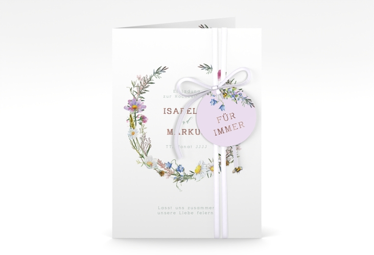 Einladungskarte Hochzeit Blumengarten A6 Klappkarte hoch weiss rosegold mit Blumenkranz und Hummel