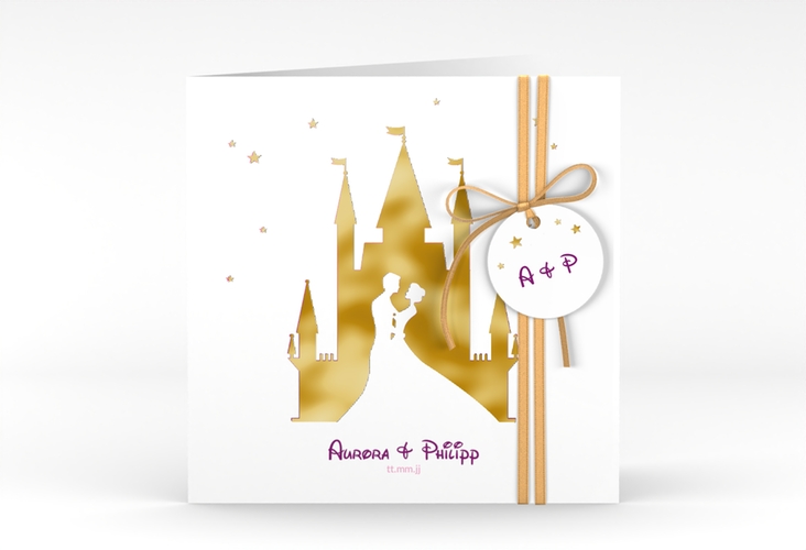 Hochzeitseinladung Castle quadr. Klappkarte pink gold