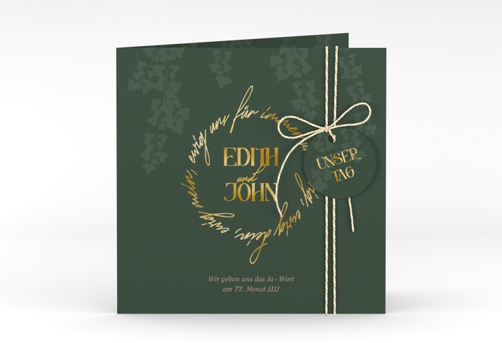 Hochzeitseinladung Efeugrün quadr. Klappkarte gruen gold im Fantasy-Elfen-Design mit Efeu