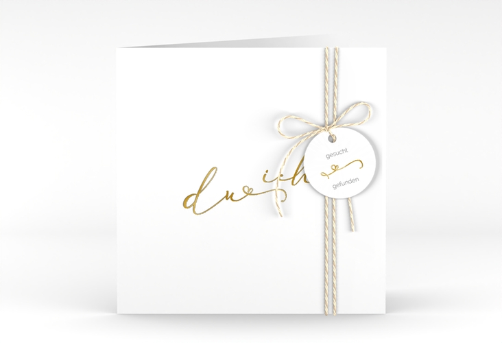 Hochzeitseinladung Zweisamkeit quadr. Klappkarte weiss gold im minimalistischen Stil mit Aufschrift du & ich