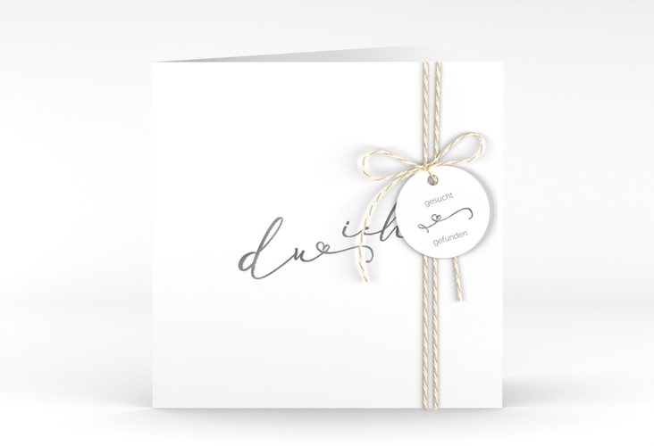 Hochzeitseinladung Zweisamkeit quadr. Klappkarte weiss silber im minimalistischen Stil mit Aufschrift du & ich