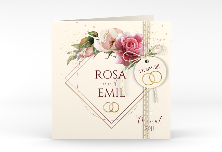 Hochzeitseinladung Rosenbogen quadr. Klappkarte beige gold