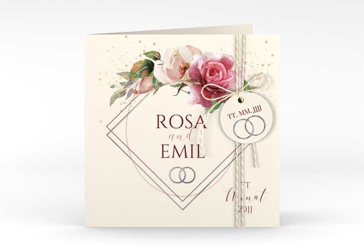 Hochzeitseinladung Rosenbogen quadr. Klappkarte beige silber