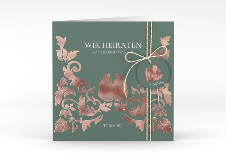 Hochzeitseinladung Royal quadr. Klappkarte gruen rosegold mit barockem Blumen-Ornament