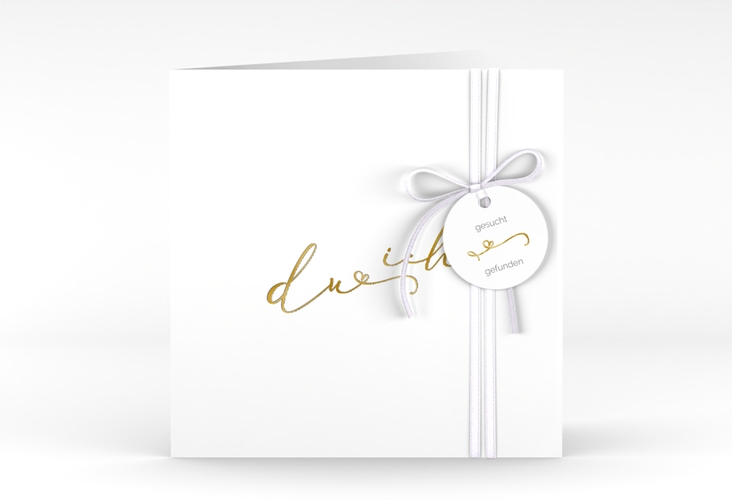 Hochzeitseinladung Zweisamkeit quadr. Klappkarte weiss gold im minimalistischen Stil mit Aufschrift du & ich