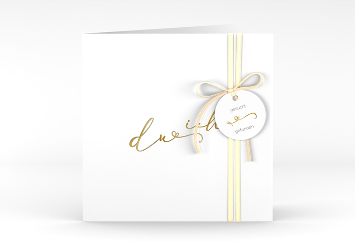 Hochzeitseinladung Zweisamkeit quadr. Klappkarte weiss gold im minimalistischen Stil mit Aufschrift du & ich