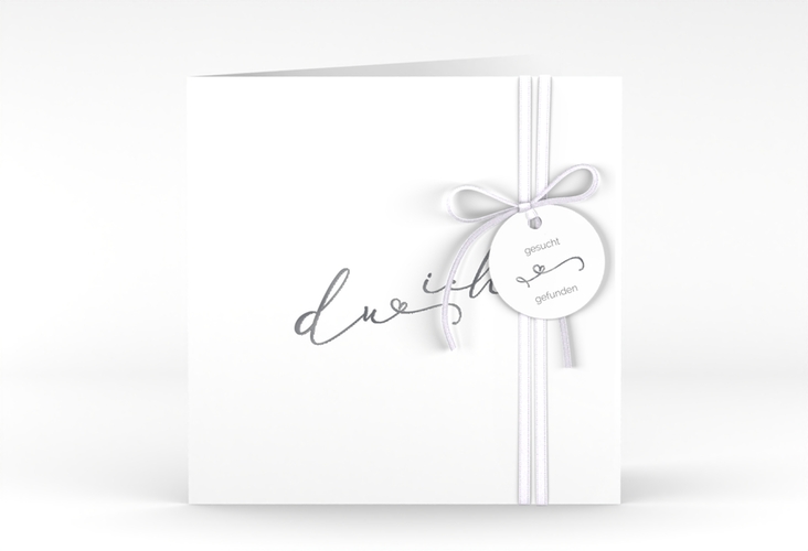 Hochzeitseinladung Zweisamkeit quadr. Klappkarte weiss silber im minimalistischen Stil mit Aufschrift du & ich