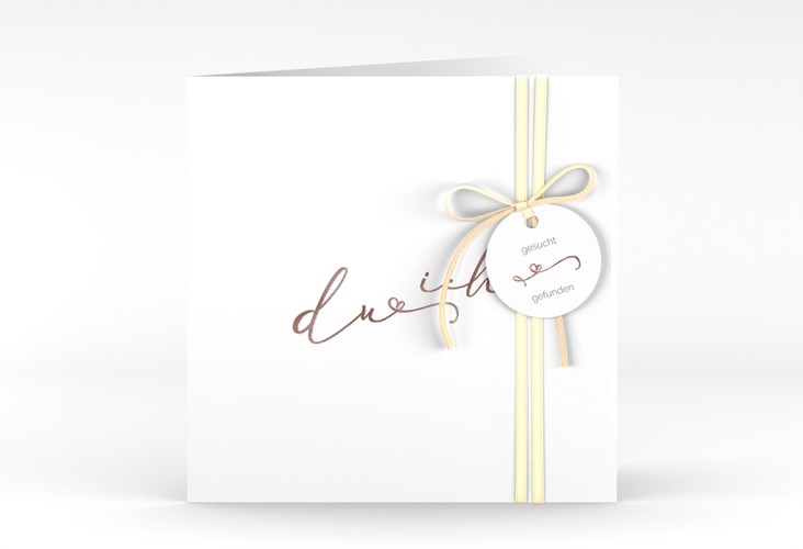 Hochzeitseinladung Zweisamkeit quadr. Klappkarte weiss rosegold im minimalistischen Stil mit Aufschrift du & ich