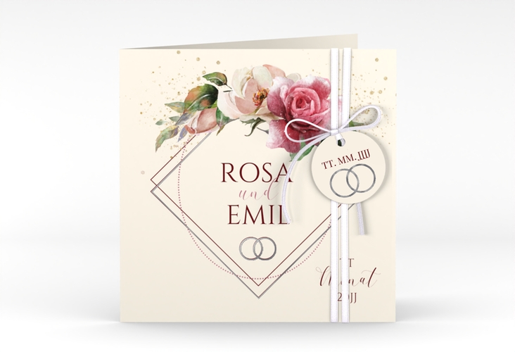 Hochzeitseinladung Rosenbogen quadr. Klappkarte beige silber