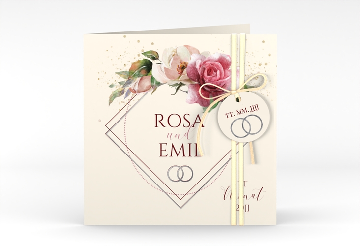 Hochzeitseinladung Rosenbogen quadr. Klappkarte beige silber