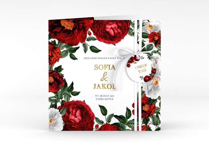 Einladungskarte Hochzeit Florista quadr. Klappkarte weiss gold