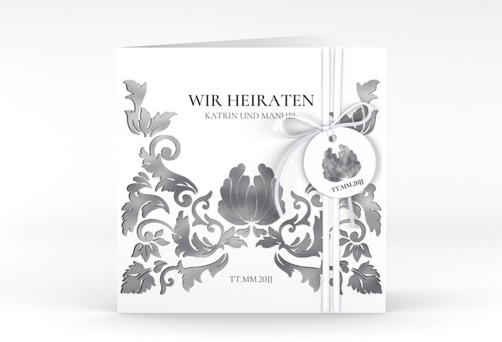 Hochzeitseinladung Royal quadr. Klappkarte weiss silber mit barockem Blumen-Ornament
