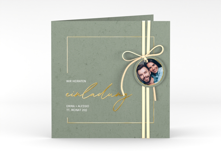 Hochzeitseinladung Simple Line quadr. Klappkarte gruen gold