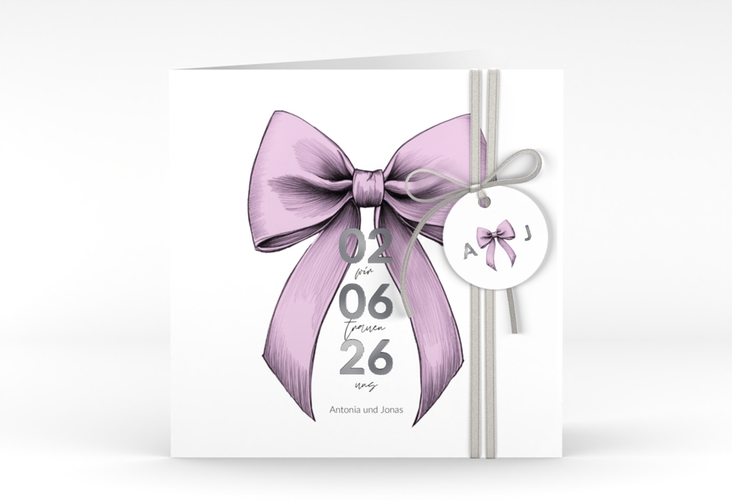Hochzeitseinladung Schleife quadr. Klappkarte rosa silber