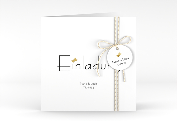 Hochzeitseinladung Twohearts quadr. Klappkarte beige gold