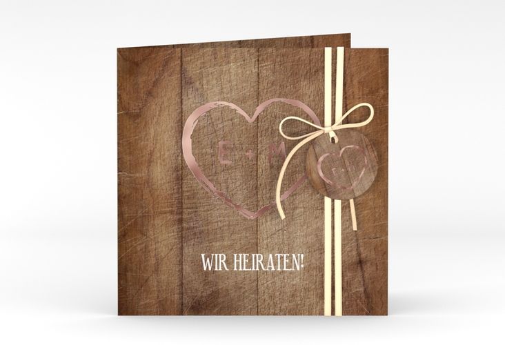 Hochzeitseinladung Wood quadr. Klappkarte braun rosegold in Holz-Optik mit Herz und Initialen