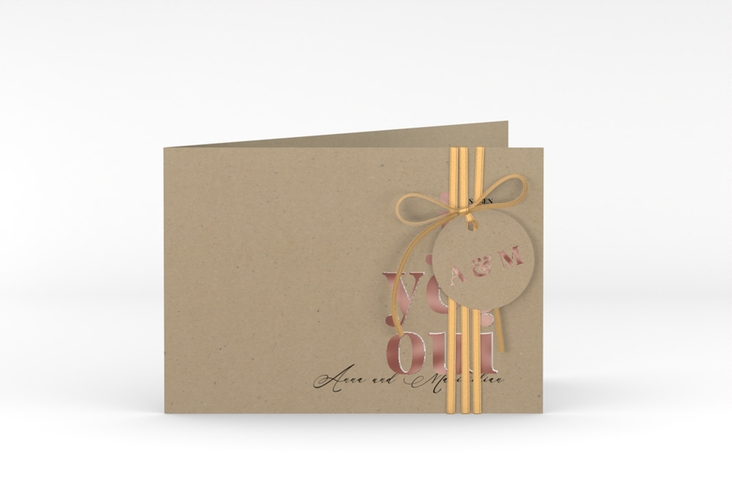 Hochzeitseinladung Oui A6 Klappkarte quer rosegold mit Ja-Wort in verschiedenen Sprachen