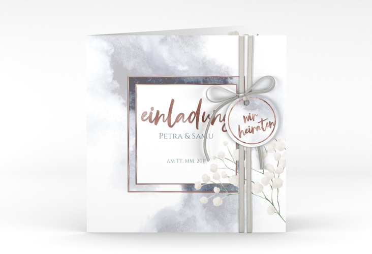 Hochzeitseinladung Winter quadr. Klappkarte blau rosegold mit Schleierkraut