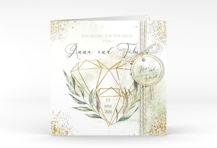 Hochzeitseinladung Heartfelt quadr. Klappkarte weiss gold mit Diamanten im Geometric Design