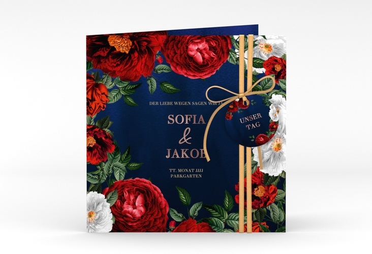 Einladungskarte Hochzeit Florista quadr. Klappkarte blau rosegold