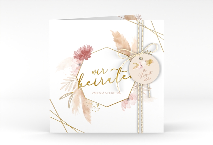 Hochzeitseinladung Bohostyle quadr. Klappkarte beige gold mit Pampasgras in Aquarell
