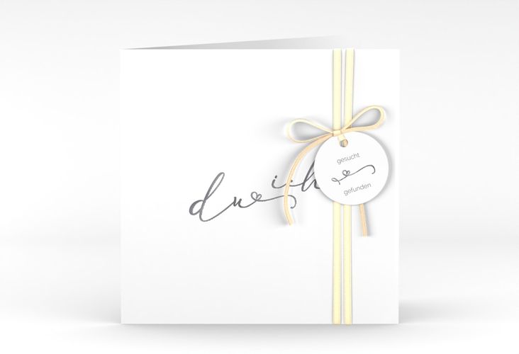 Hochzeitseinladung Zweisamkeit quadr. Klappkarte weiss silber im minimalistischen Stil mit Aufschrift du & ich