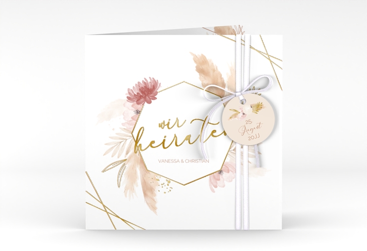 Hochzeitseinladung Bohostyle quadr. Klappkarte beige gold mit Pampasgras in Aquarell