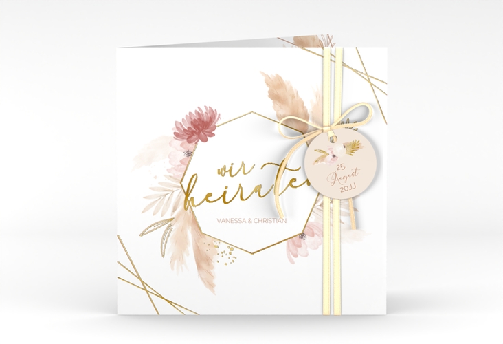 Hochzeitseinladung Bohostyle quadr. Klappkarte beige gold mit Pampasgras in Aquarell