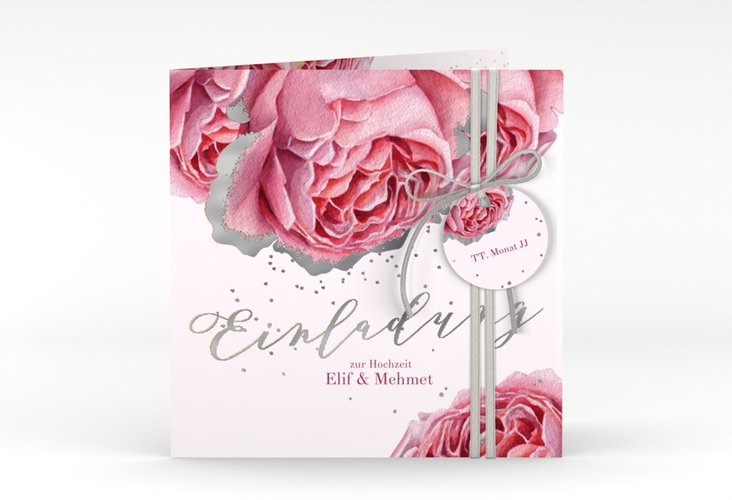 Hochzeitseinladung Cherie quadr. Klappkarte rosa silber