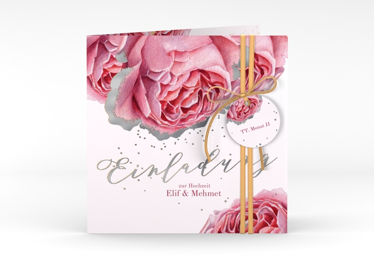 Hochzeitseinladung Cherie quadr. Klappkarte rosa silber