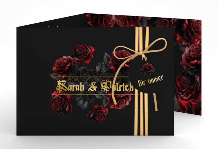 Hochzeitseinladung Gothic Rose A6 Doppel-Klappkarte gold