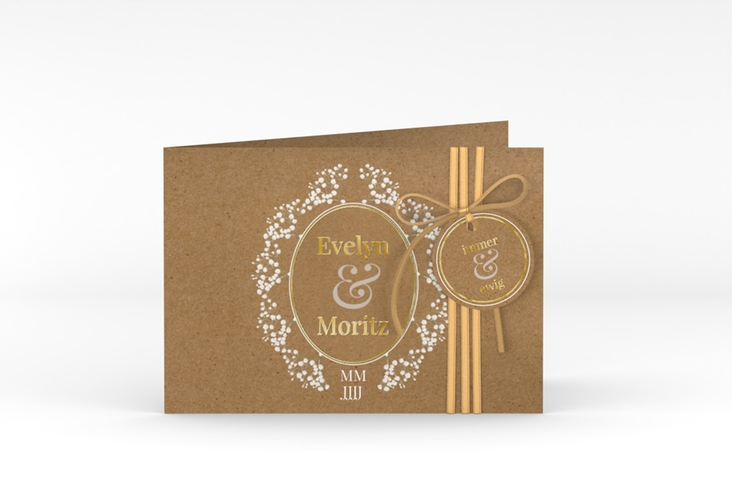 Hochzeitseinladung Gypsophila A6 Klappkarte quer gold im Vintage-Stil mit Blumenkranz aus Schleierkraut