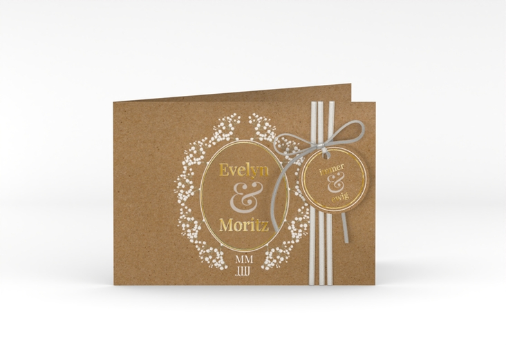 Hochzeitseinladung Gypsophila A6 Klappkarte quer gold im Vintage-Stil mit Blumenkranz aus Schleierkraut