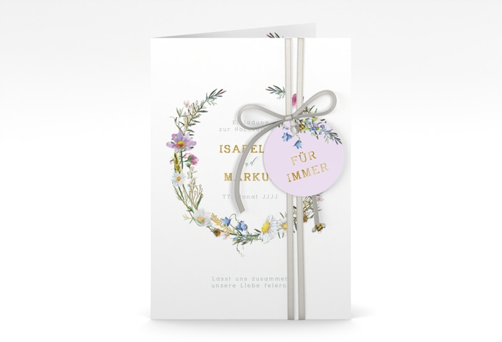 Einladungskarte Hochzeit Blumengarten A6 Klappkarte hoch bunt gold mit Blumenkranz und Hummel