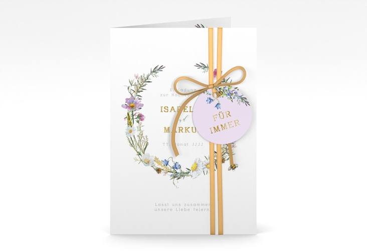 Einladungskarte Hochzeit Blumengarten A6 Klappkarte hoch bunt gold mit Blumenkranz und Hummel