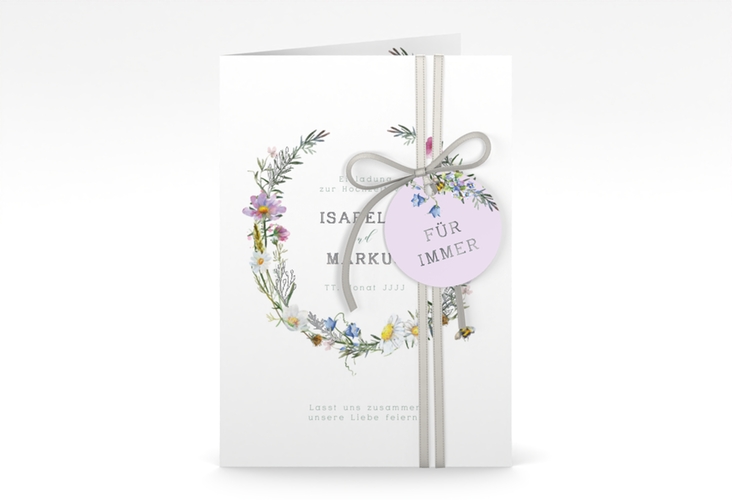 Einladungskarte Hochzeit Blumengarten A6 Klappkarte hoch bunt silber mit Blumenkranz und Hummel