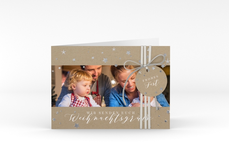 Weihnachtskarte Sternennacht A6 Klappkarte quer silber mit Sternchen und Familienfoto