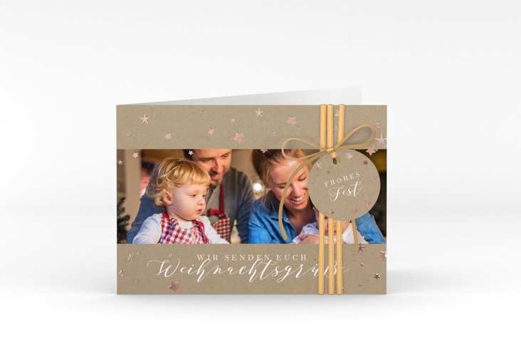 Weihnachtskarte Sternennacht A6 Klappkarte quer rosegold mit Sternchen und Familienfoto