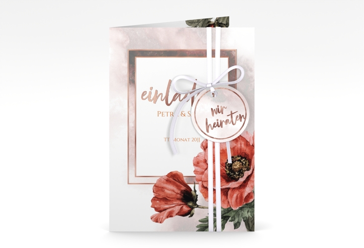 Einladungskarte Hochzeit Sommer A6 Klappkarte hoch rot rosegold mit Mohnblumen-Aquarell