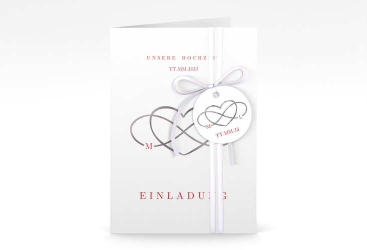 Einladungskarte Hochzeit Infinity A6 Klappkarte hoch rot silber