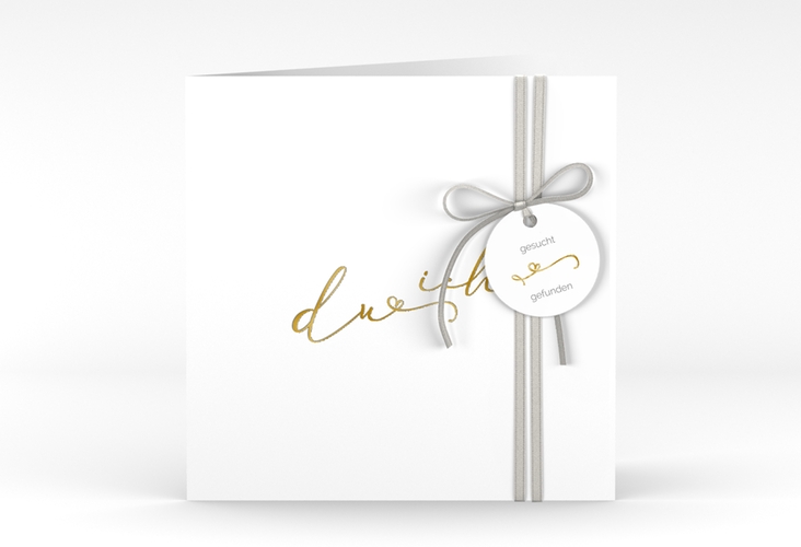 Hochzeitseinladung Zweisamkeit quadr. Klappkarte weiss gold im minimalistischen Stil mit Aufschrift du & ich