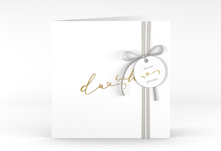 Hochzeitseinladung Zweisamkeit quadr. Klappkarte weiss gold im minimalistischen Stil mit Aufschrift du & ich
