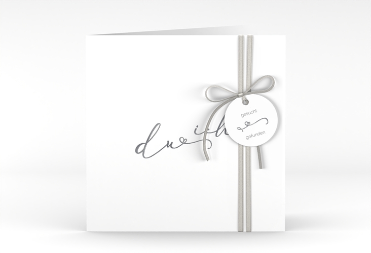 Hochzeitseinladung Zweisamkeit quadr. Klappkarte weiss silber im minimalistischen Stil mit Aufschrift du & ich