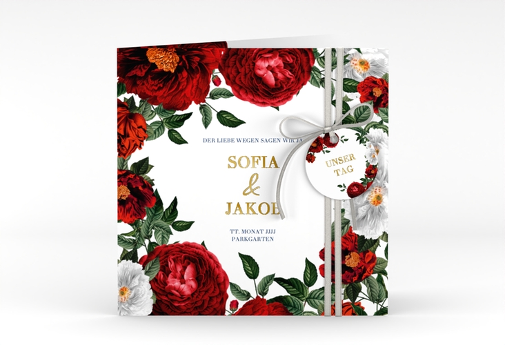 Einladungskarte Hochzeit Florista quadr. Klappkarte weiss gold