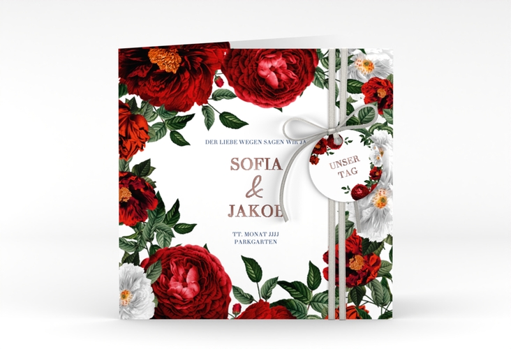 Einladungskarte Hochzeit Florista quadr. Klappkarte weiss rosegold