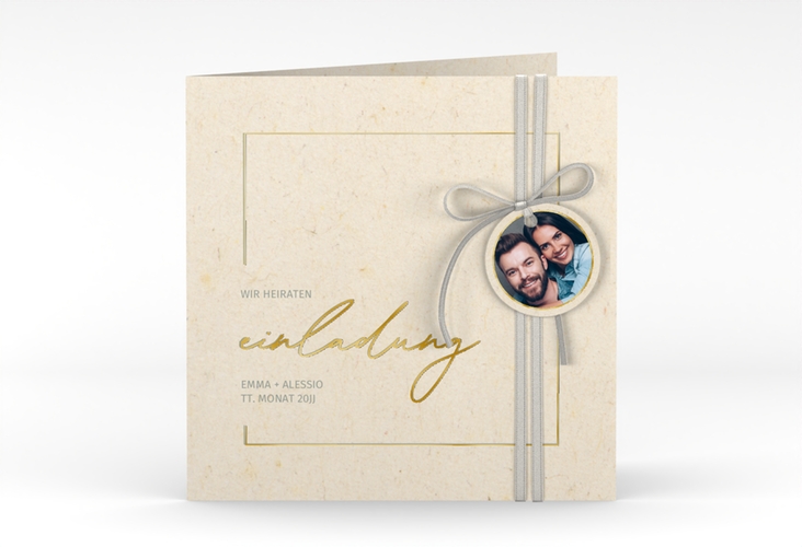 Hochzeitseinladung Simple Line quadr. Klappkarte beige gold